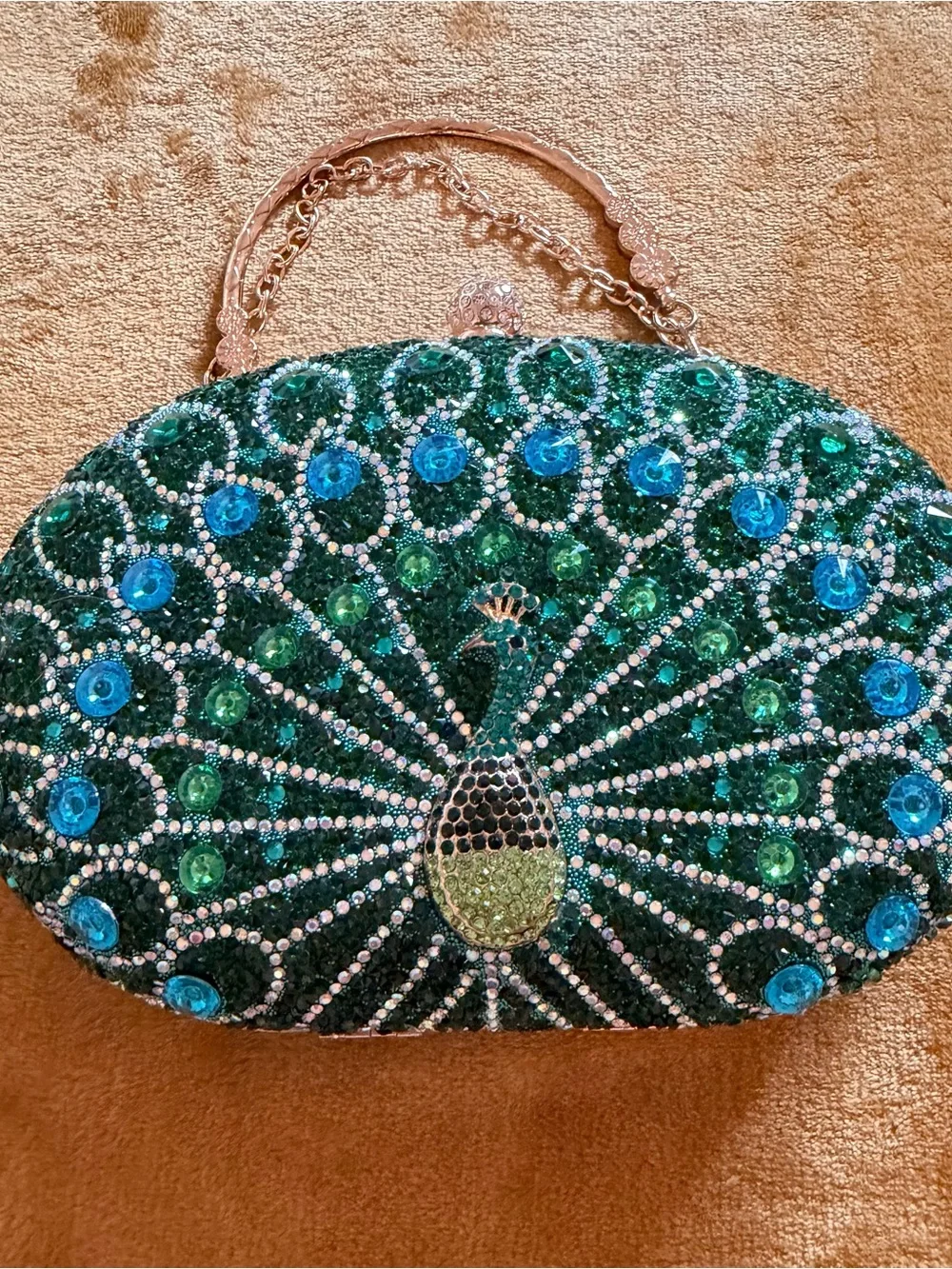 Green Peacock Crystal Evening Clutch with Gold Tone Chain